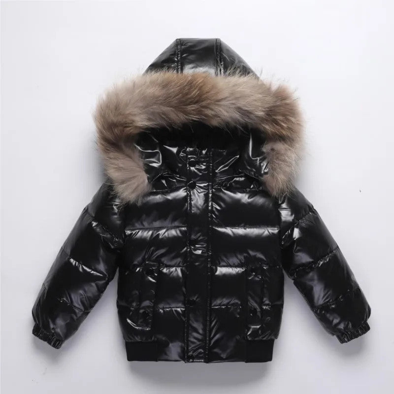 Kids Winter Down Jacket Real Faux Fur Waterproof Shiny Thick Warm Outerwear