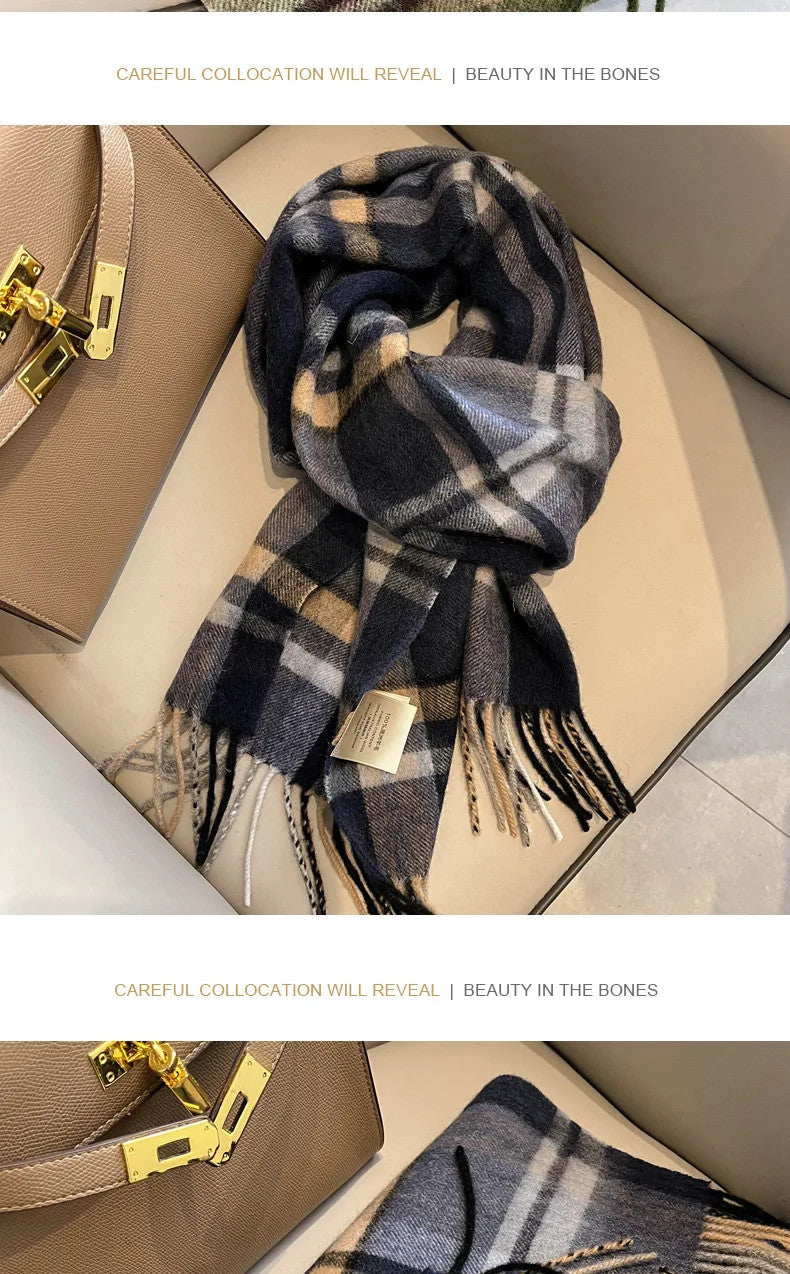High Quality 100% Pure Wool Plaid Scarf Women Couples Winter Autumn Soft Warm