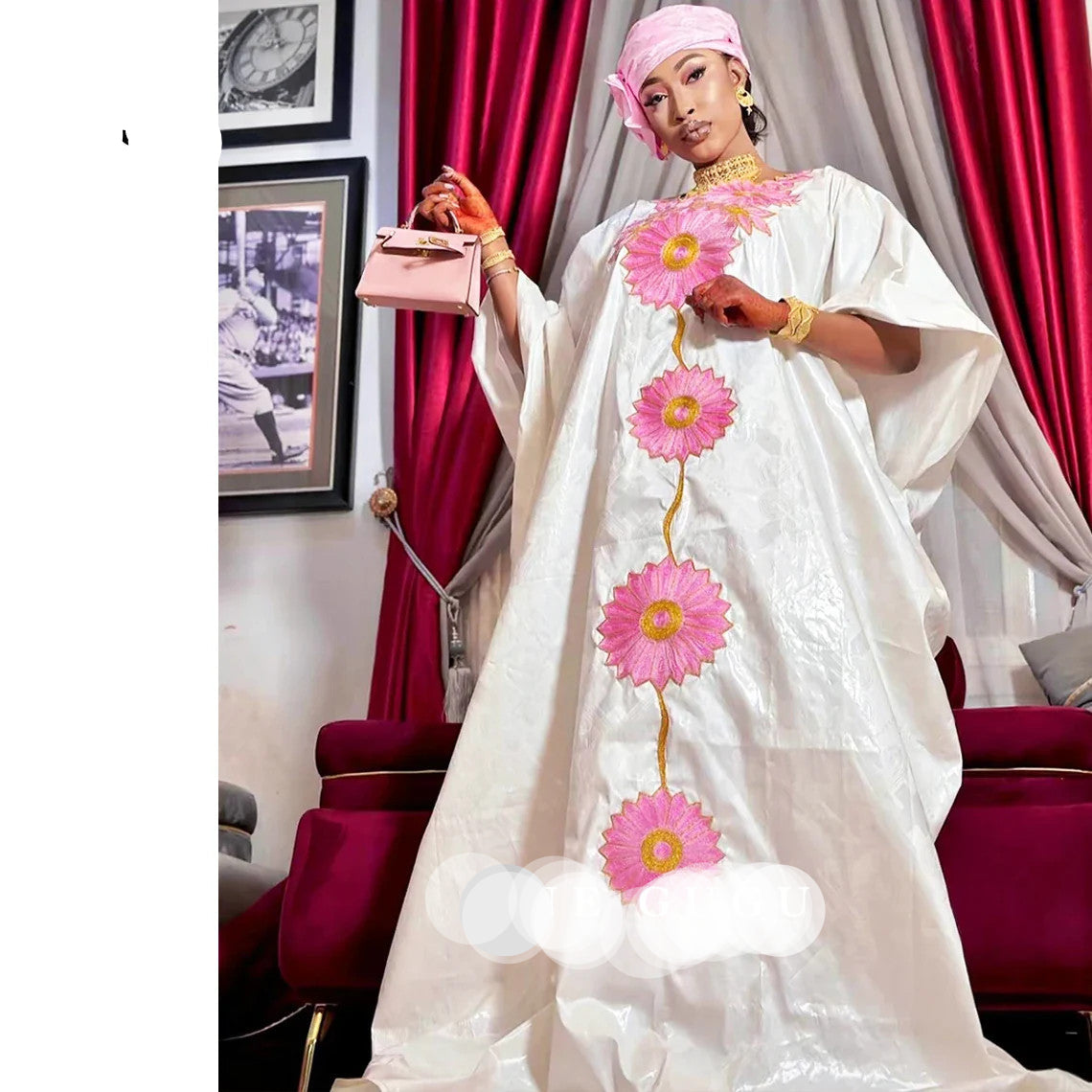 African Boubou Dress & Scarf Set — Embroidery Lace & Stone Detail | Nigerian Dashiki Style | One Size