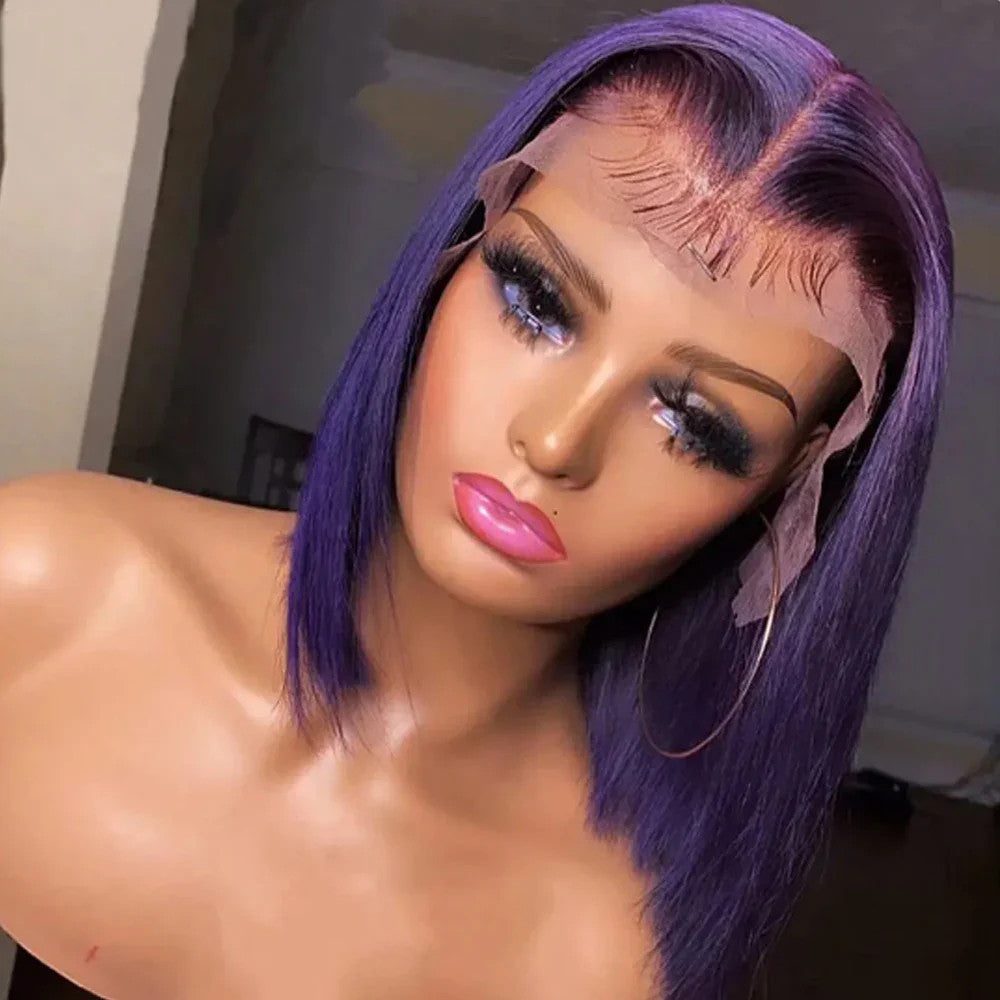 Short Bob Wig 180% Dark Purple Lace Front Human Hair Wigs For Women 13x4 Lace