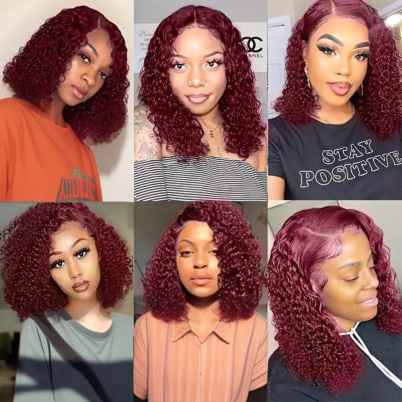 Burgundy 99J Deep Wave Short Bob Wigs 100% Human Hair Wig Water Curly Wig Baby