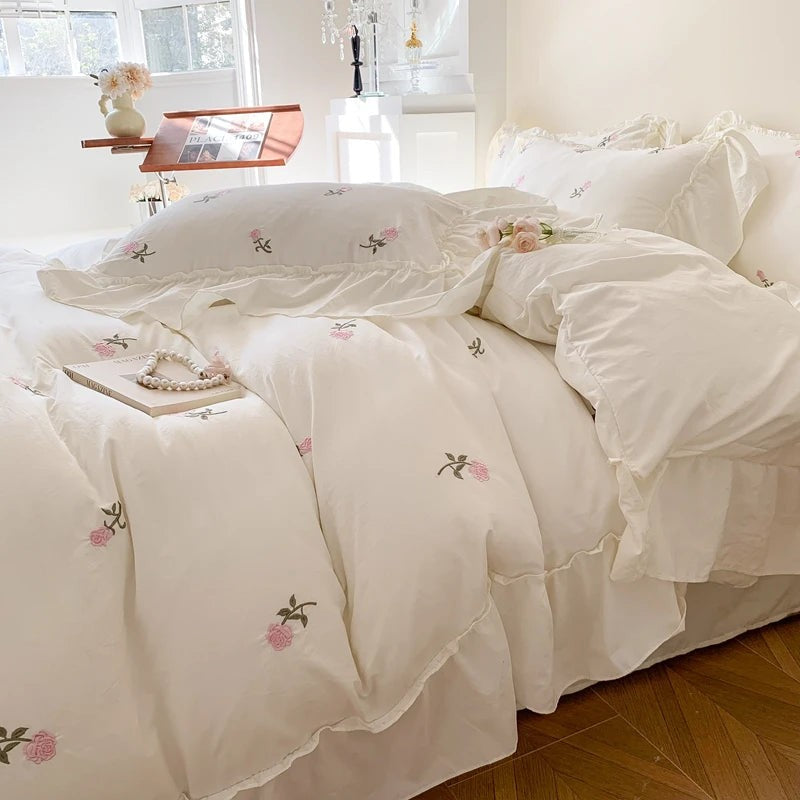 3pcs Rose Embroidered Duvet Cover Set (1*Duvet Cover + 2*Pillowcase, Without
