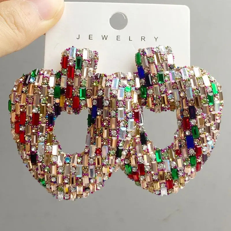 Draweye Colorful Rhinestones Stud Earrings for Women Hyperbole Hearts Hollow