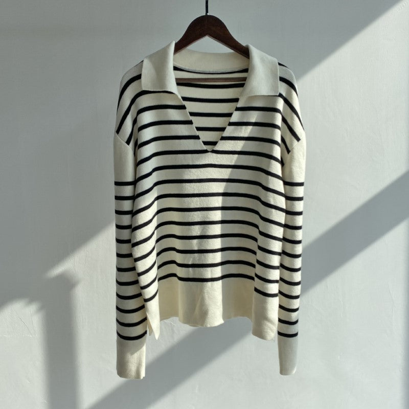 Knitted Women Black White Plaid Long Sleeve Sweater V-neck