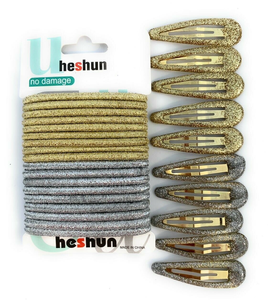 30 PCS Sleepie Elastics Hair Head Bands Snap Clips Hairbands Bobbles SCHOOL SET[Silver and Gold Mixed,Full Set (Hair Elastics and Clips)]