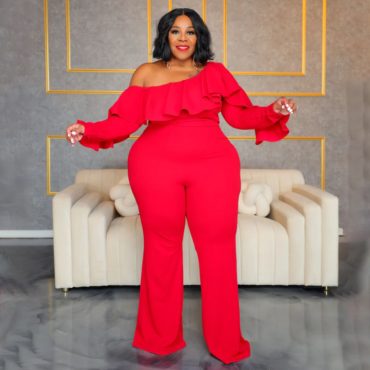 Solid-color Fashionable Loose-fit Off-shoulder Tube Jumpsuit For Women