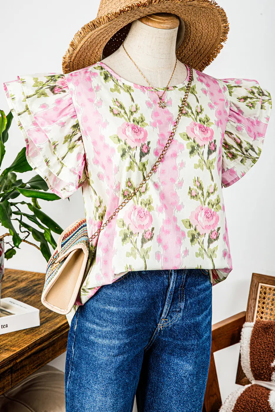 Pink Floral Ruffled Sleeve Summer Top Women UK