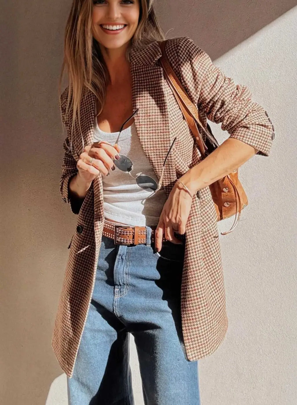 Brown Houndstooth Fitted Blazer Women UK