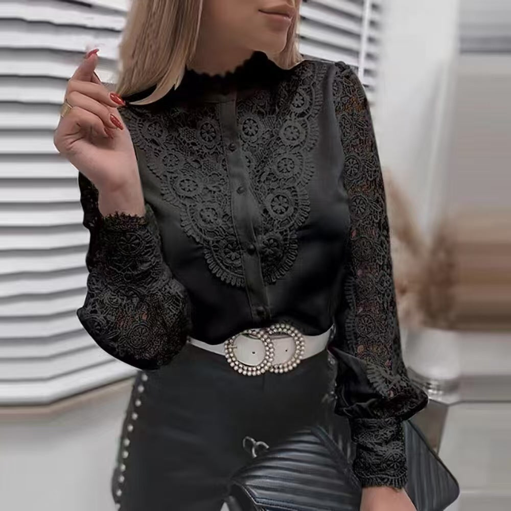 Wish Bestseller Arrival Solid Color Lace V-Neck Cardigan Women's Shirt