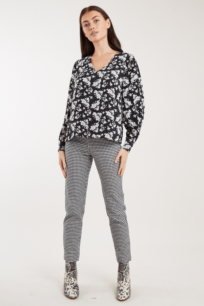 Louche Bindy Mono Sprig Print V Neck Long Sleeve Blouse