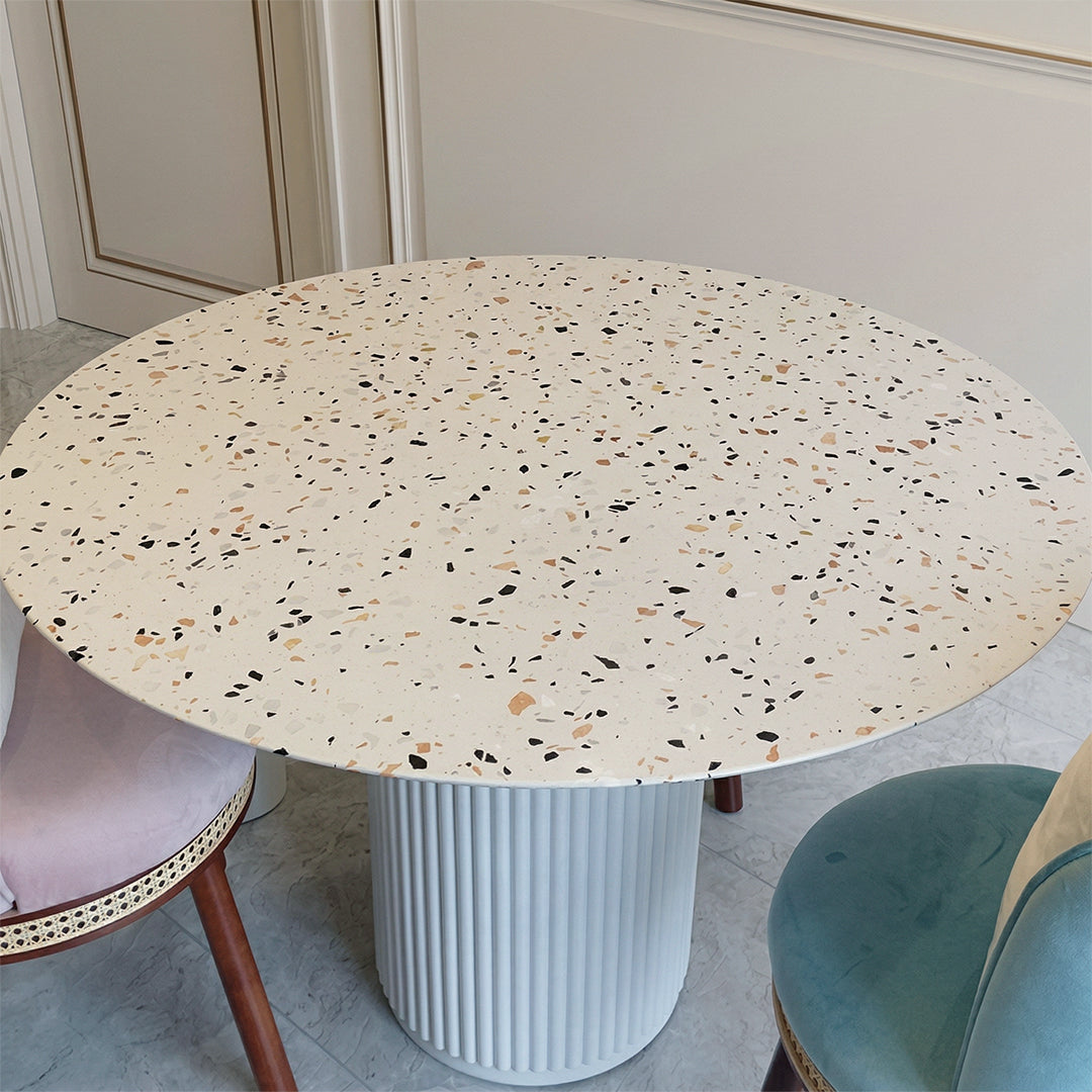 Cracky White Round Dining Table, Premium Terrazzo And Wood Base