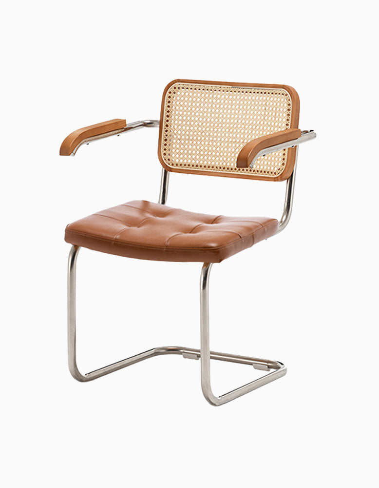 Classic Keaton Rattan Dining Chair, Leather & Chrome, With Armrests