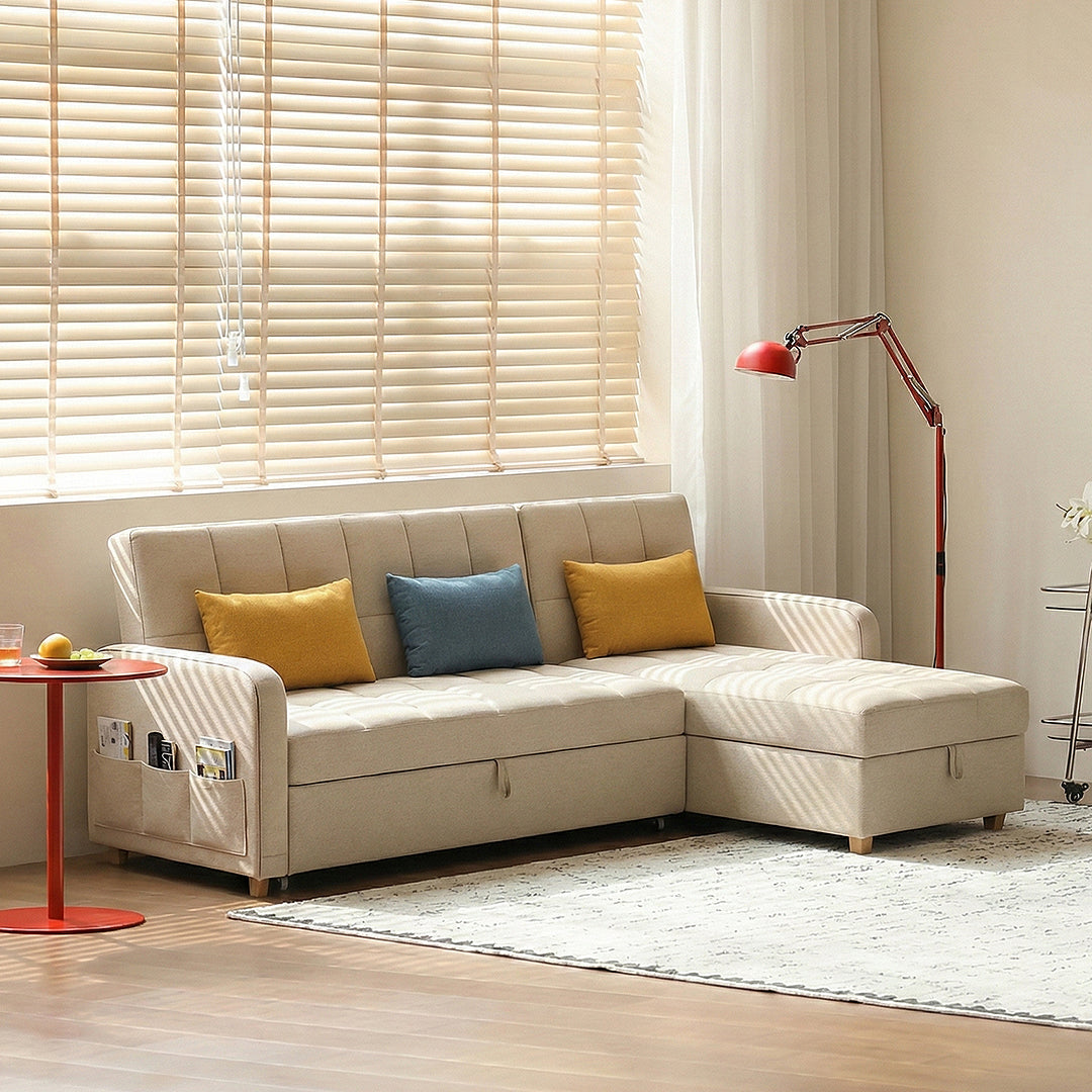 ML203 Three Seater Sofa Bed, L Shape Sofa Bed With Storage, Linen