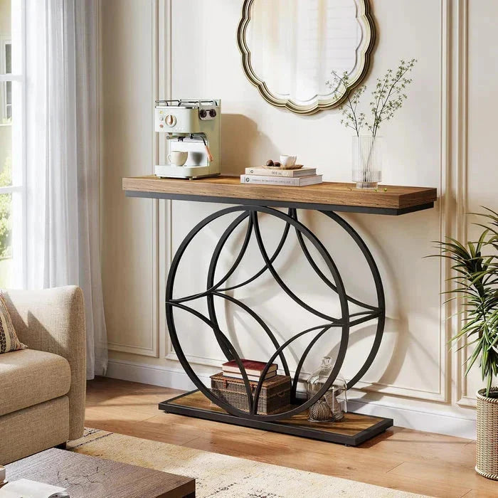120cm Industrial Console Table - 2-Tier Sofa Table with Geometric Metal Frame