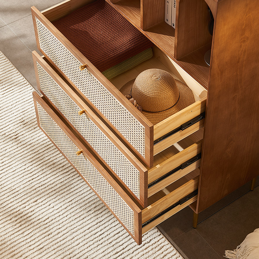Maasai Tall Sideboard, Rattan & Solid Wood Cabinet