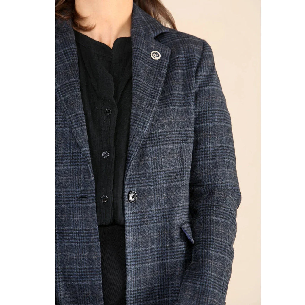 Women's Tweed Check Waistcoat Blazer Blue Suit