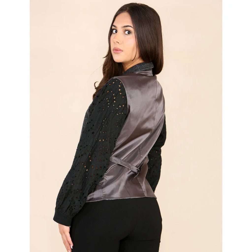 Women's Tweed Check Waistcoat Blazer Grey Suit