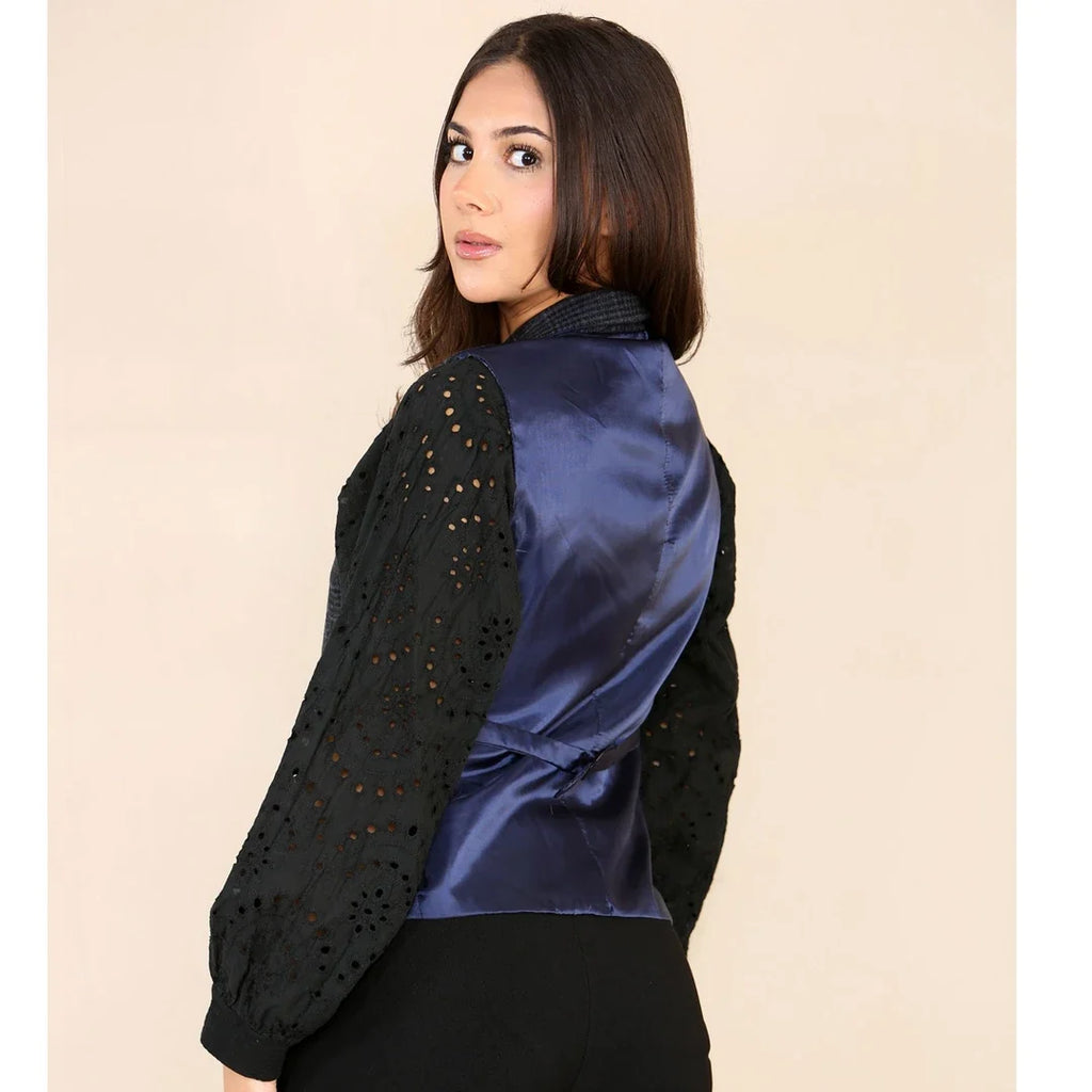 Women's Tweed Check Waistcoat Blazer Blue Suit