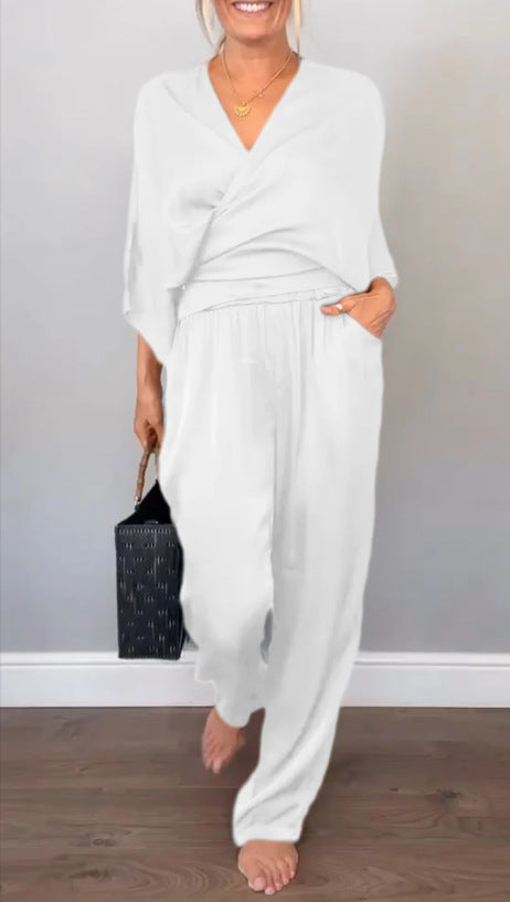 Womens Solid Color Satin Short Sleeve Top And Pants Set For Women