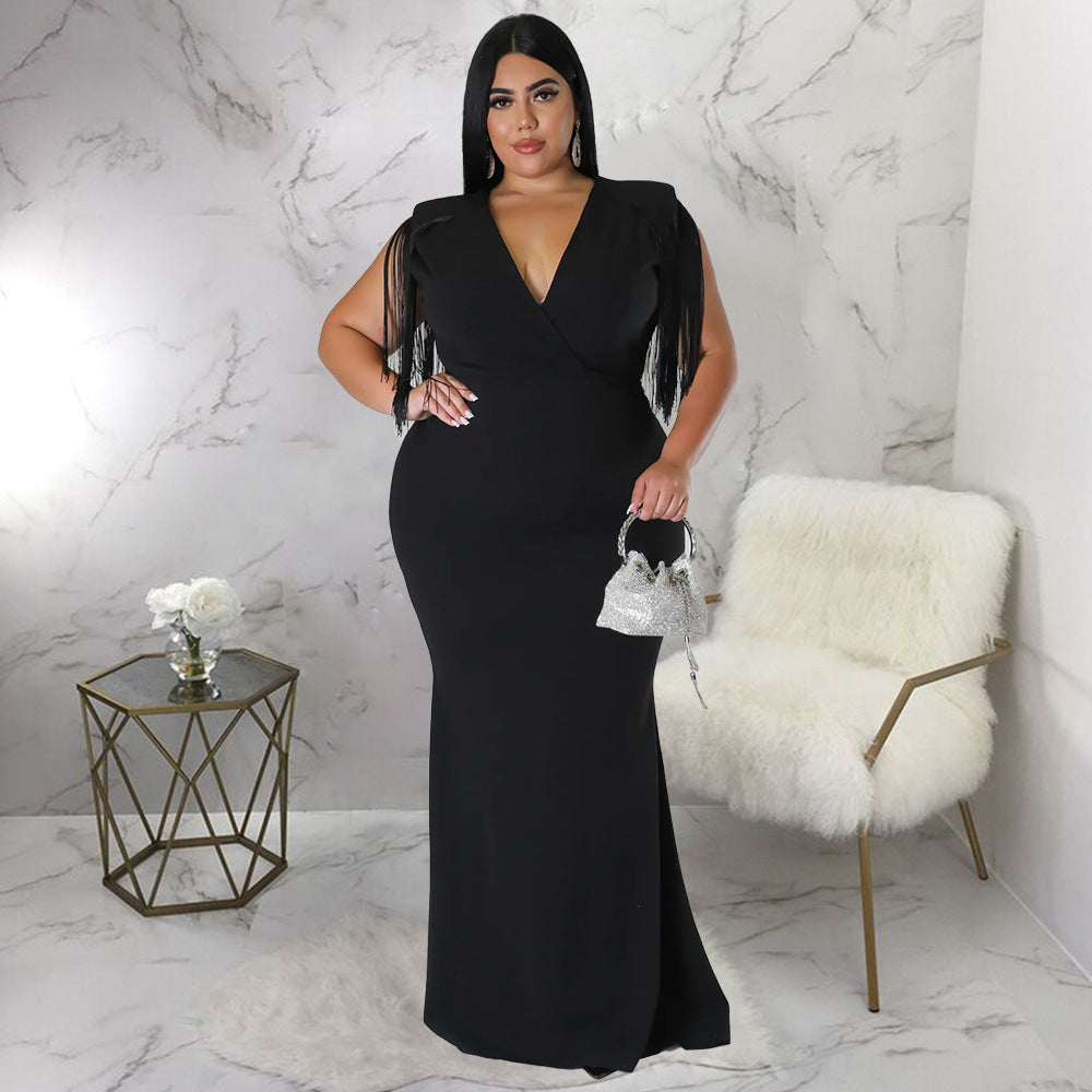 Women's Plus-Size Tassel V-Neck Long-Sleeve Slim-Fit Dress