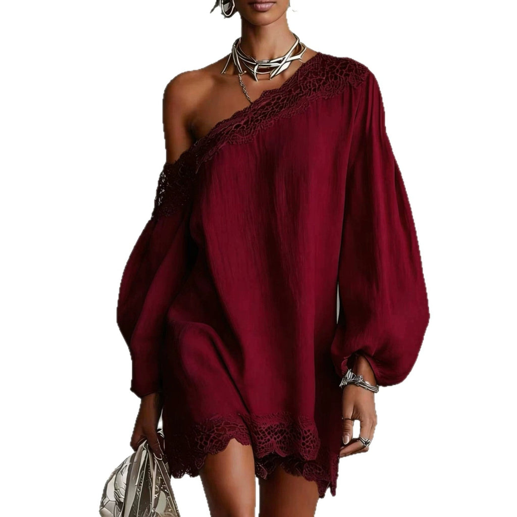 Solid-color Lace-trimmed Casual Off-shoulder Long-sleeve Top