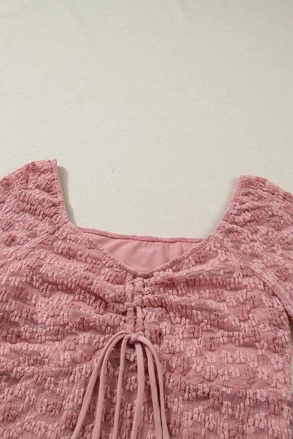 Pink Floral Lace Bell Sleeve Square Neck Blouse Women UK