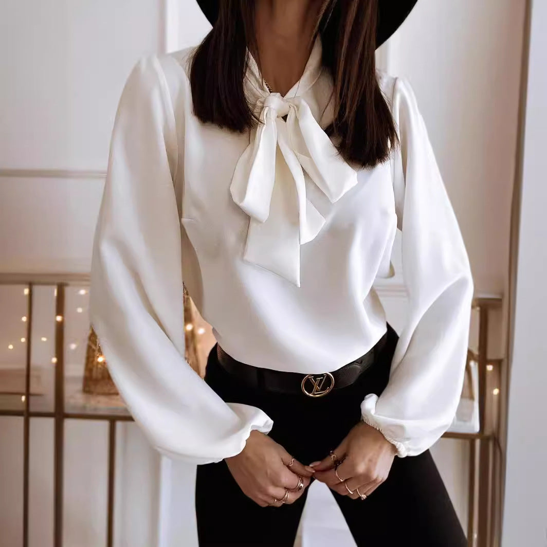 Bowknot Long Sleeve Shirt Collared Women's  Solid Color Professional Business Blouse For Work Office Wear