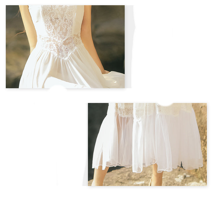 Women's  Backless White Chiffon Lace Dress
