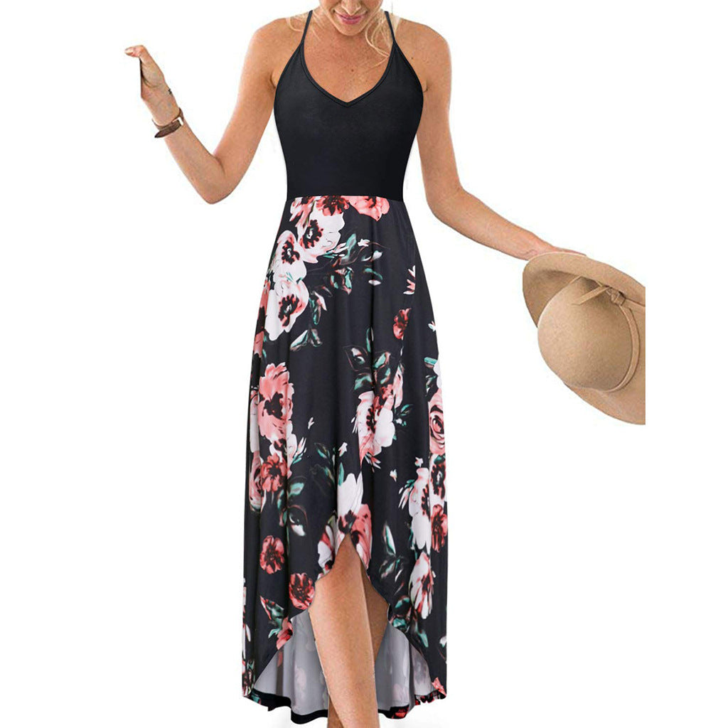 V-neck Strap Sleeveless Backless Color-matching Dress