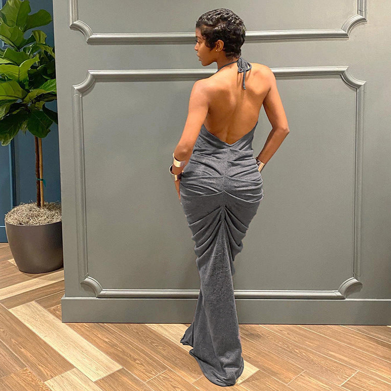 Deep V-neck Pleated Backless Lace-up Hip Dress