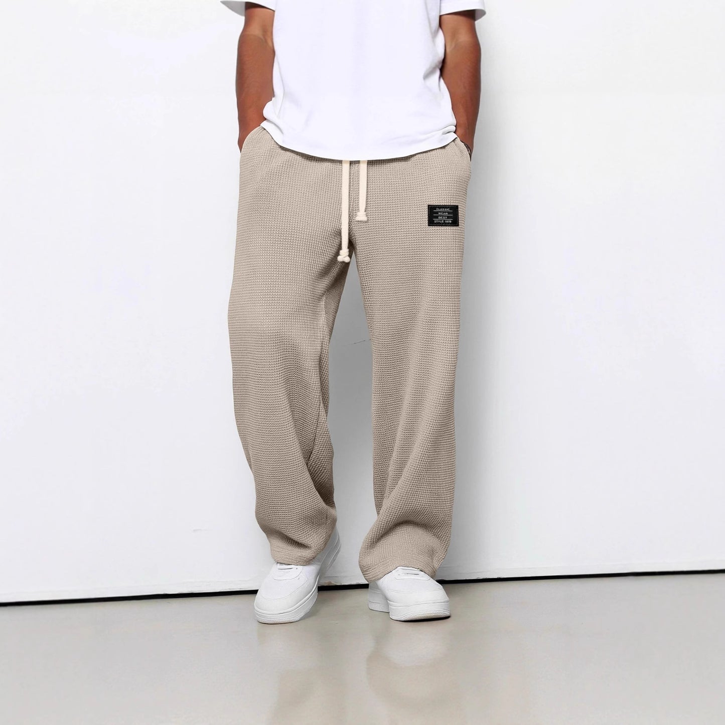 Waffle Straight Pants Fashion Brand Loose Loose  Drawstring Pockets Trousers Casual Men's Clothing