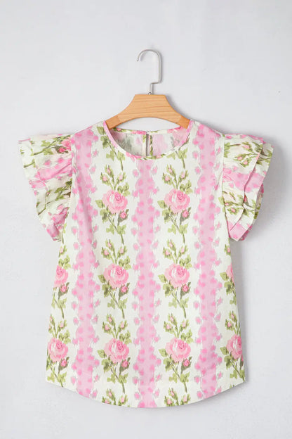 Pink Floral Ruffled Sleeve Summer Top Women UK