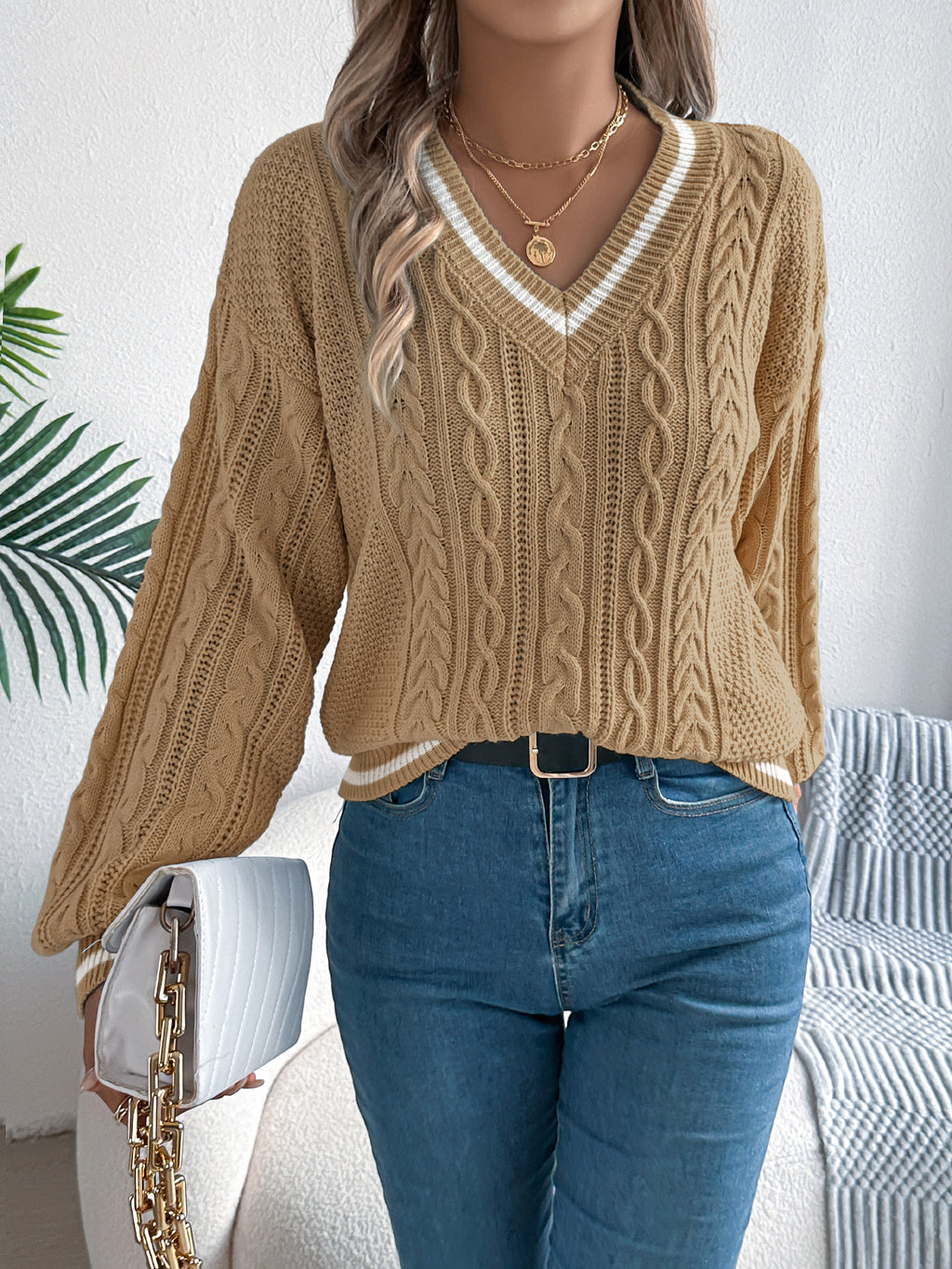 Color Block V-Neck Cable Knit Lantern Sleeve Sweater