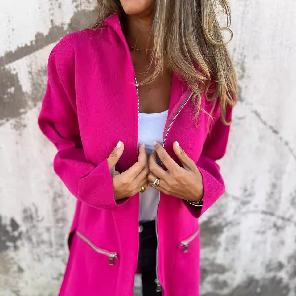 Zip-up Hooded Cardigan Coat Fashion Solid Color Pocket Jacket Fall And Winter Women's Coat Clothing