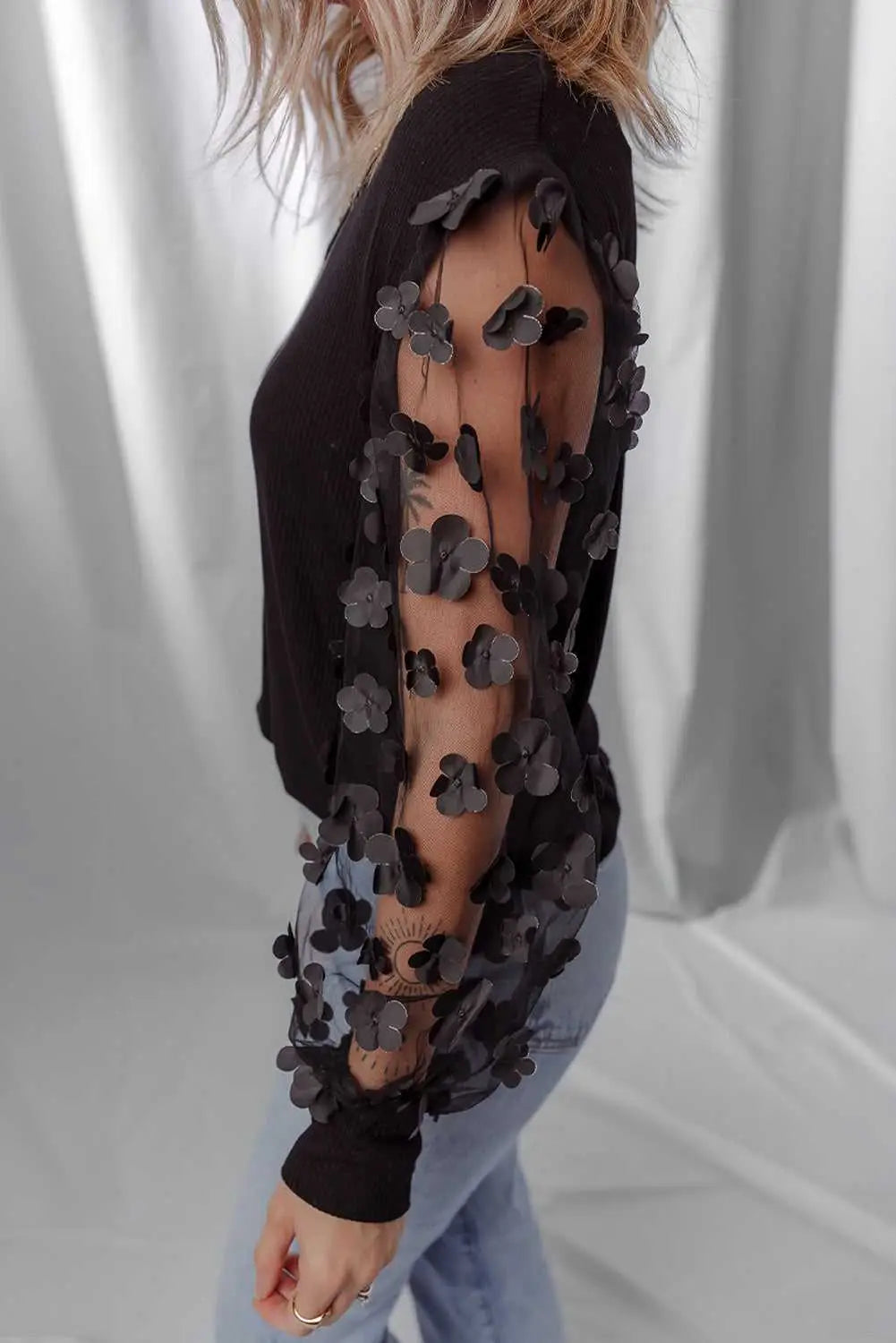 Flower Applique Mesh Sheer Elegant Blouse Women UK
