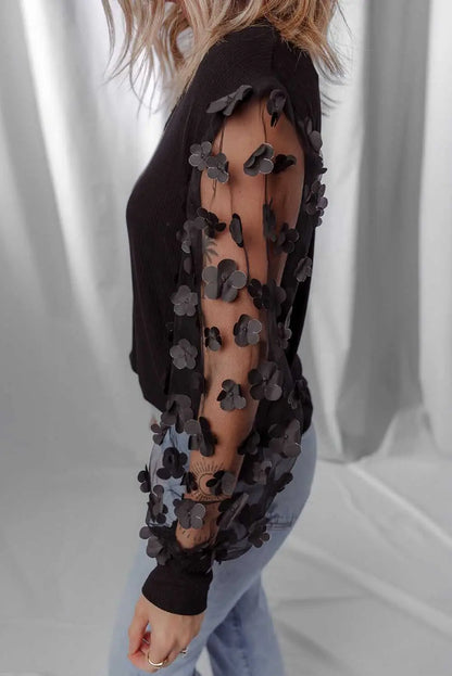 Flower Applique Mesh Sheer Elegant Blouse Women UK