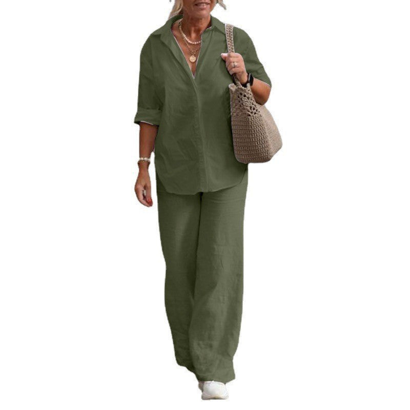 Lapel-collar Long-sleeve Shirt Casual Solid-color Pants Wide-leg Set