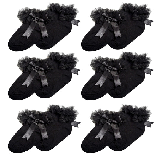 6 Pairs Black Girls Tutu Frilly Ankle Socks with Lace & Bow Super Soft Wedding Christening Sock by Sock Stack
