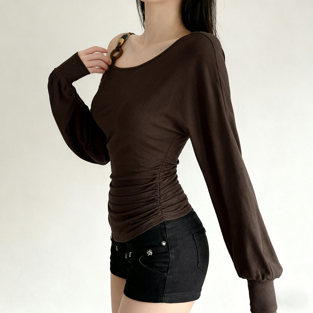Vintage Off-shoulder Beaded-strapped Lantern-sleeve T-shirt