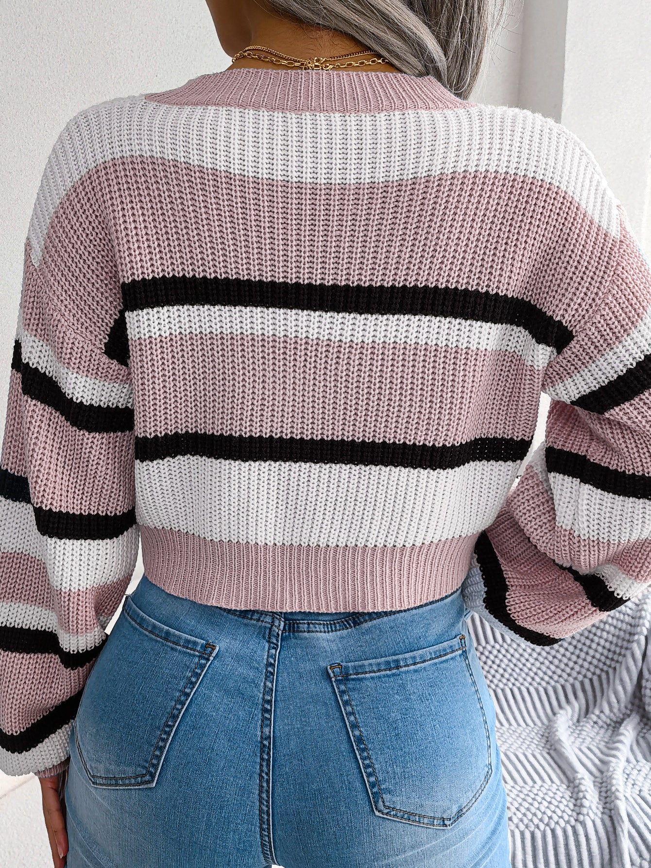Casual Striped Long Sleeve Cropped Knit Sweater