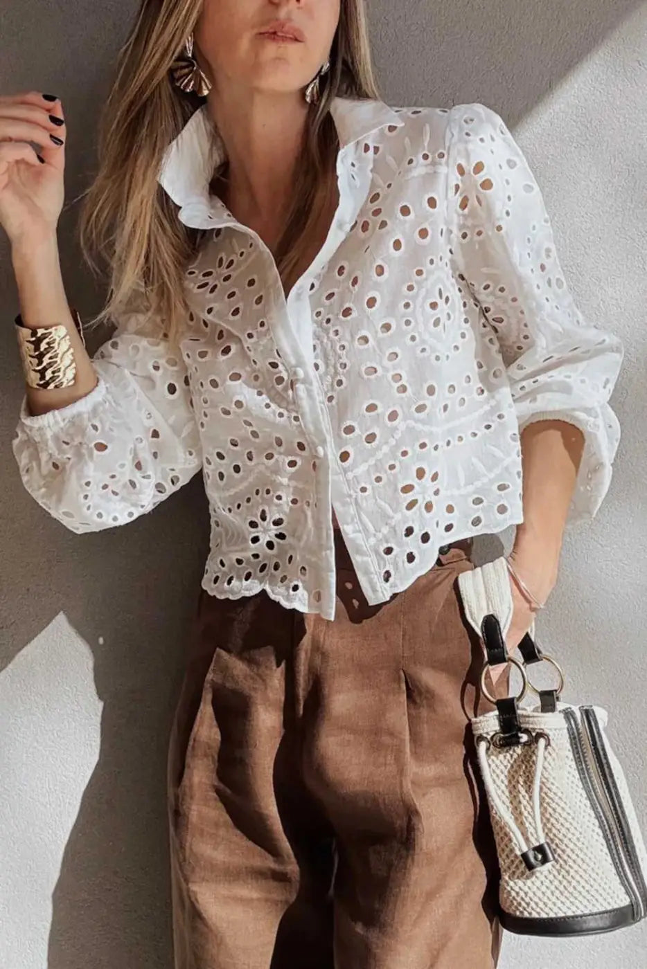 Women's White Cutwork Embroidered Puff Sleeve Crop Top