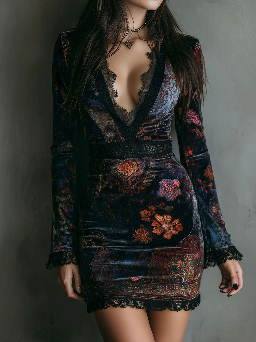 Retro-chic Velvet Cheongsam Dress With Floral Print, Fitted Waist, And Slimming Effect