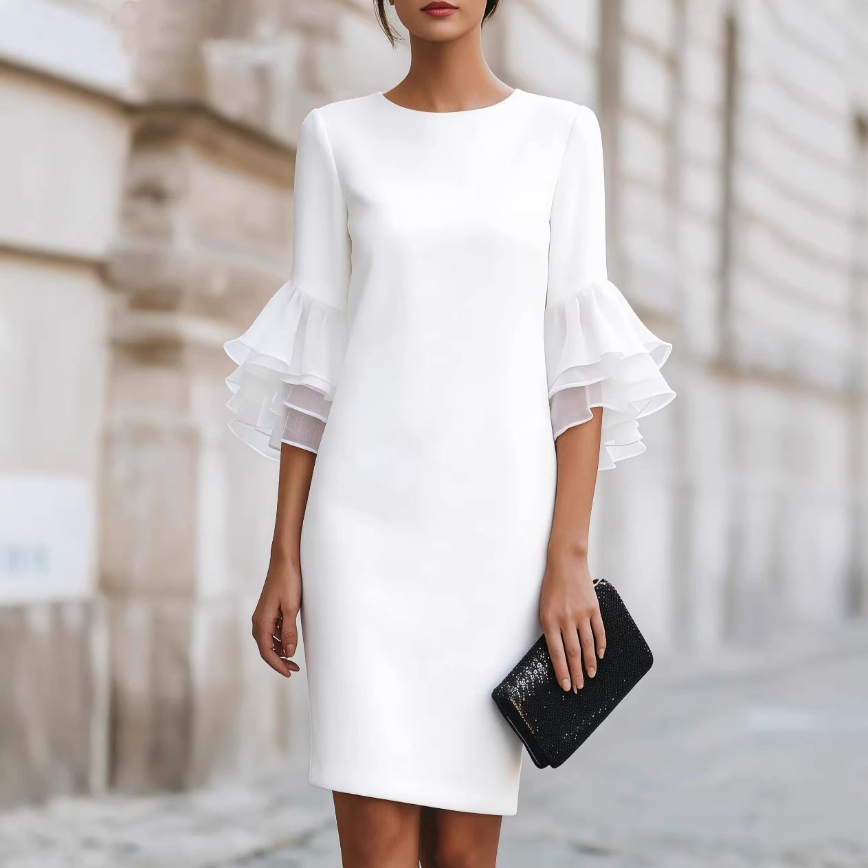 Womens Solid-Colored Ruffle-Trim Flared-Sleeve Slim-Fit Dress