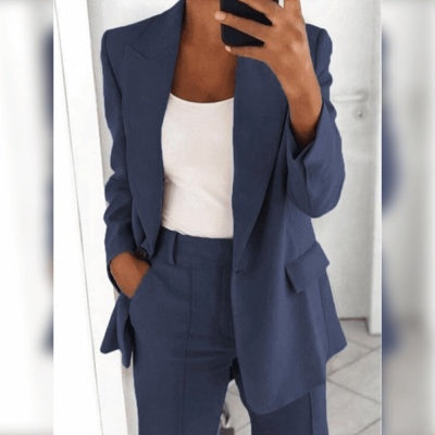 Ins Button Casual Suit Fashion Long-sleeved Lapel Blazer Jacket And Slim-fit Pocket Trousers For Women Clothing