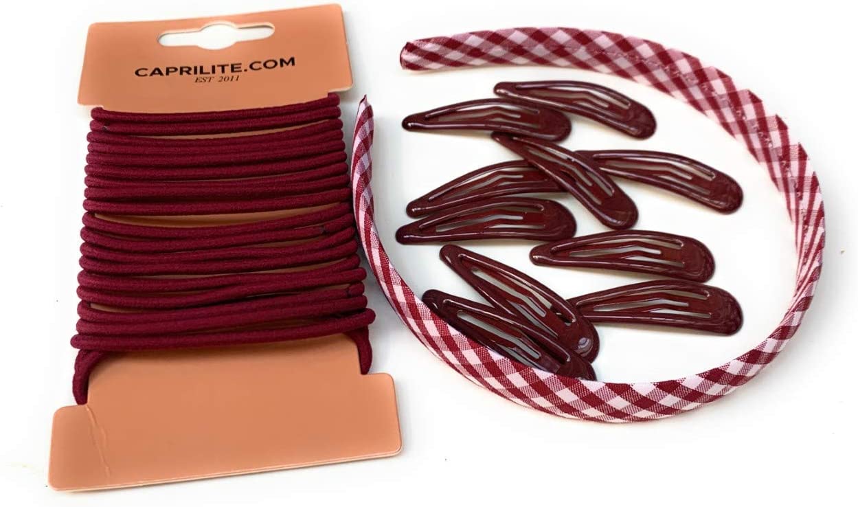 Burgundy Mega Girls' School Hair Accessories Bundle Set - Gingham Checked Headband Snap Clips Bobbles Hairbands