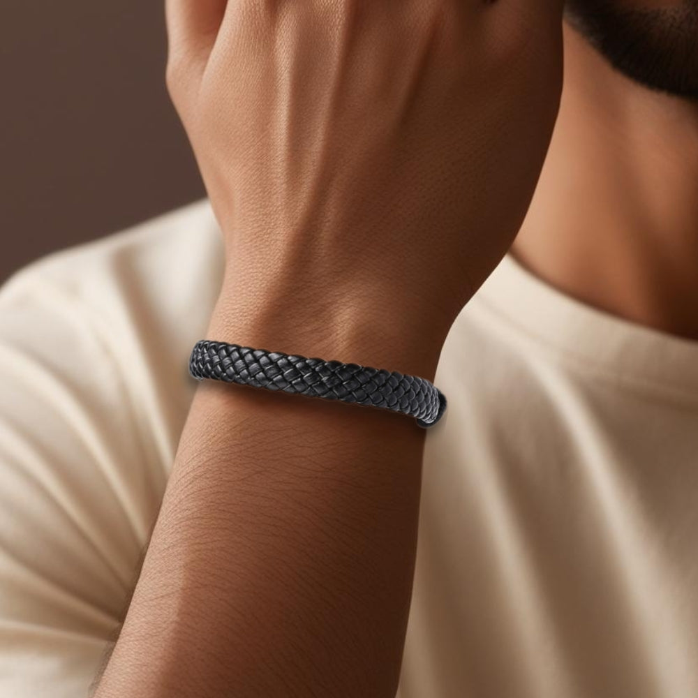 Men's Black Leather Weave Bracelet