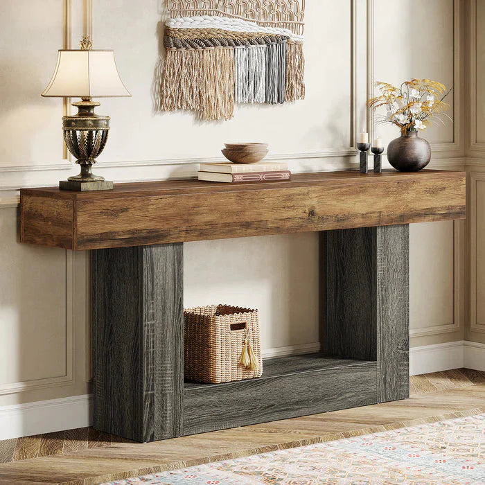 Distressed Wood Console Table 160cm - 2-Tier Sofa & Entry Table