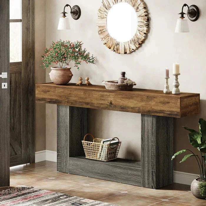 Distressed Wood Console Table 160cm - 2-Tier Sofa & Entry Table