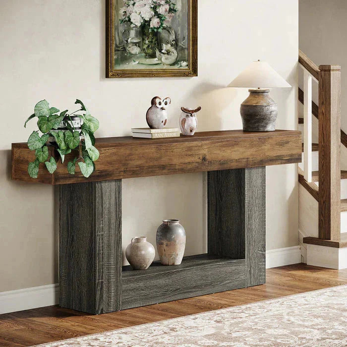 Distressed Wood Console Table 160cm - 2-Tier Sofa & Entry Table