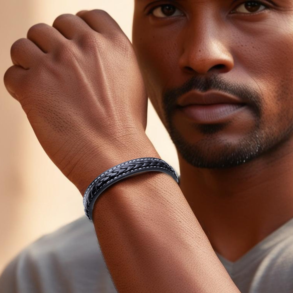 Men's Stitched Black Leather Bracelet